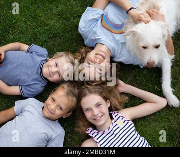 Glückliche Kinder, Jungen und Mädchen unterschiedlichen Alters, liegen im Sommer auf dem Rasen, Draufsicht. Lächelnde Brüder, Schwestern und Hunde genießen das Leben, haben Spaß zusammen Stockfoto