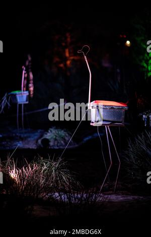 Essen, Deutschland. 20. Januar 2023. Die Anlagen stehen beleuchtet auf einer Wiese im Grügapark. Der Grugapark in Essen wird in den kommenden Wochen in ein fantasievolles Licht getaucht. Vom 21. Januar 2023 bis zum 26. Februar 2023 werden die Parklichter vom Lichtkünstler Flammersfeld installiert. Mit LEDs und Beamern wird der Grugapark zu einem Meer aus Lichtern. Kredit: Fabian Strauch/dpa/Alamy Live News Stockfoto