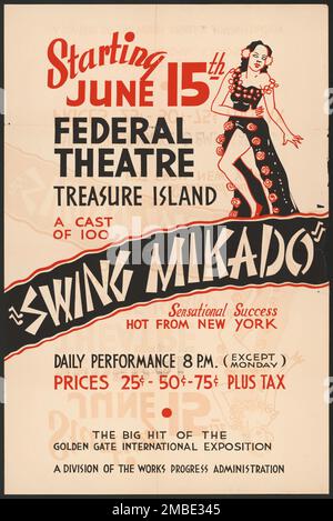 Swing Mikado, [193-]. „Federal Theatre Treasure Island - Eine Besetzung aus dem Jahr 100 - „Swing Mikado“ - sensationeller Erfolg - Hot from New York...der große Hit der Golden Gate International Exposition“. Poster für eine musikalische Theateranpassung der Comic-Oper von Gilbert und Sullivan, The Mikado, mit Musik, die von Gentry Warden organisiert wird. Die Landschaft wurde von Japan auf eine tropische Insel übertragen. Die Show wurde erstmals 1938 von einer Schwarzen Firma in Chicago, Illinois, inszeniert. Das Federal Theatre Project, das von den USA ins Leben gerufen wurde Works Progress Administration im Jahr 1935 wurde entwickelt, um die e zu erhalten und weiterzuentwickeln Stockfoto