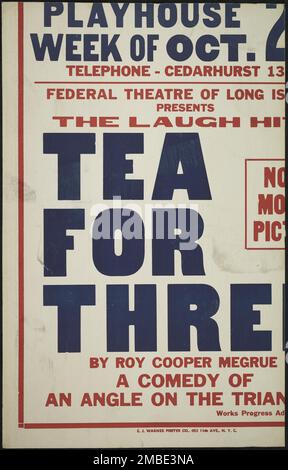 Tee für drei, Cedarhurst, NY, 1936. Das Federal Theatre Project, das von den USA ins Leben gerufen wurde Works Progress Administration im Jahr 1935 wurde entwickelt, um die Fähigkeiten von Theaterarbeitern zu erhalten und weiterzuentwickeln, sie mit öffentlicher Unterstützung wieder zu beschäftigen und um das Theater Tausenden in den Vereinigten Staaten zu bringen, die noch nie zuvor Live-Theateraufführungen gesehen hatten. Stockfoto