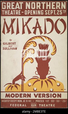 Mikado, Chicago, 1938. „Great Northern Theatre...Mikado von Gilbert und Sullivan - Modern Version“. Poster für eine musikalische Theateranpassung der Comic-Oper von Gilbert und Sullivan, The Mikado, mit Musik, die von Gentry Warden organisiert wird. Die Landschaft wurde von Japan auf eine tropische Insel übertragen. Die Show wurde erstmals 1938 von einer Schwarzen Firma in Chicago, Illinois, inszeniert. Das Federal Theatre Project, das von den USA ins Leben gerufen wurde Die Works Progress Administration wurde 1935 entwickelt, um die Fähigkeiten von Theaterarbeitern zu erhalten und weiterzuentwickeln, sie mit öffentlichen Mitteln wieder einzustellen und um Tausenden in der EU das Theater zu bringen Stockfoto