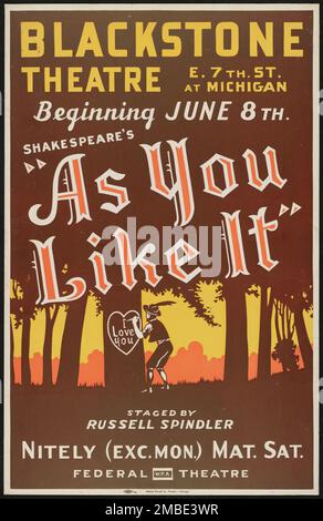 Wie Du Willst, Chicago, 1939. "Blackstone Theatre...Shakespeare's "as you Like IT" - inszeniert von Russell Spindler." Das Federal Theatre Project, das von den USA ins Leben gerufen wurde Works Progress Administration im Jahr 1935 wurde entwickelt, um die Fähigkeiten von Theaterarbeitern zu erhalten und weiterzuentwickeln, sie mit öffentlicher Unterstützung wieder zu beschäftigen und um das Theater Tausenden in den Vereinigten Staaten zu bringen, die noch nie zuvor Live-Theateraufführungen gesehen hatten. Stockfoto
