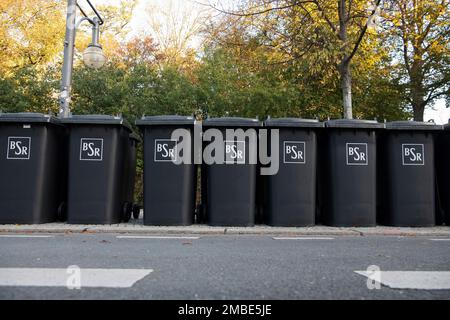 Berlin, Deutschland. 30. Okt. 2019. Das Logo der Berliner Stadtreinigung (BSR) ist auf Mülltonnen auf einem Platz eines Wohnkomplexes in Kreuzberg zu sehen. Kredit: Paul Zinken/dpa/Alamy Live News Stockfoto