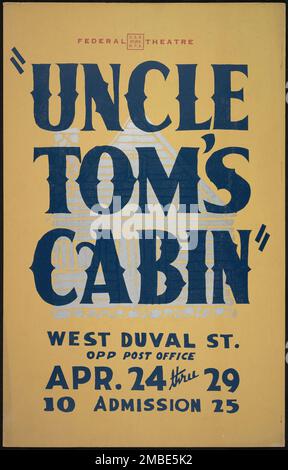 Onkel Toms Hütte, Jacksonville, FL, 1939. Poster zum Spielen basierend auf dem Buch von Harriet Beecher Stowe aus dem Jahr 1852. Das Federal Theatre Project, das von den USA ins Leben gerufen wurde Works Progress Administration im Jahr 1935 wurde entwickelt, um die Fähigkeiten von Theaterarbeitern zu erhalten und weiterzuentwickeln, sie mit öffentlicher Unterstützung wieder zu beschäftigen und um das Theater Tausenden in den Vereinigten Staaten zu bringen, die noch nie zuvor Live-Theateraufführungen gesehen hatten. Stockfoto