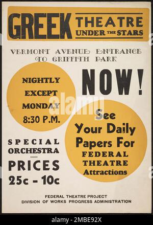 Griechisches Theater, New York [1930er]. Das Federal Theatre Project, das von den USA ins Leben gerufen wurde Works Progress Administration im Jahr 1935 wurde entwickelt, um die Fähigkeiten von Theaterarbeitern zu erhalten und weiterzuentwickeln, sie mit öffentlicher Unterstützung wieder zu beschäftigen und um das Theater Tausenden in den Vereinigten Staaten zu bringen, die noch nie zuvor Live-Theateraufführungen gesehen hatten. Stockfoto