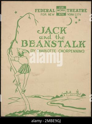 Jack and the Beanstalk, New York, [1930er]. Das Federal Theatre Project, das von den USA ins Leben gerufen wurde Works Progress Administration im Jahr 1935 wurde entwickelt, um die Fähigkeiten von Theaterarbeitern zu erhalten und weiterzuentwickeln, sie mit öffentlicher Unterstützung wieder zu beschäftigen und um das Theater Tausenden in den Vereinigten Staaten zu bringen, die noch nie zuvor Live-Theateraufführungen gesehen hatten. Stockfoto