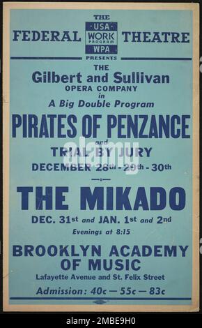 Pirates of Penzance, New York, [1930er]. Das Federal Theatre Project, das von den USA ins Leben gerufen wurde Works Progress Administration im Jahr 1935 wurde entwickelt, um die Fähigkeiten von Theaterarbeitern zu erhalten und weiterzuentwickeln, sie mit öffentlicher Unterstützung wieder zu beschäftigen und um das Theater Tausenden in den Vereinigten Staaten zu bringen, die noch nie zuvor Live-Theateraufführungen gesehen hatten. Stockfoto