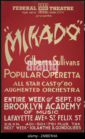 Mikado, New York, [1930er]. Das Federal Theatre Project, das von den USA ins Leben gerufen wurde Works Progress Administration im Jahr 1935 wurde entwickelt, um die Fähigkeiten von Theaterarbeitern zu erhalten und weiterzuentwickeln, sie mit öffentlicher Unterstützung wieder zu beschäftigen und um das Theater Tausenden in den Vereinigten Staaten zu bringen, die noch nie zuvor Live-Theateraufführungen gesehen hatten. Stockfoto