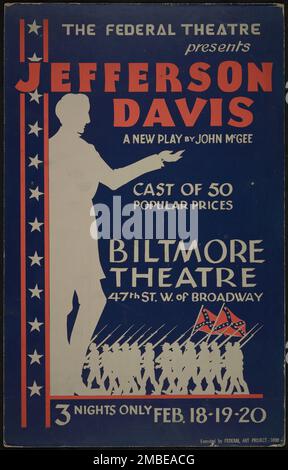 Jefferson Davis, New York, 1936. Das Federal Theatre Project, das von den USA ins Leben gerufen wurde Works Progress Administration im Jahr 1935 wurde entwickelt, um die Fähigkeiten von Theaterarbeitern zu erhalten und weiterzuentwickeln, sie mit öffentlicher Unterstützung wieder zu beschäftigen und um das Theater Tausenden in den Vereinigten Staaten zu bringen, die noch nie zuvor Live-Theateraufführungen gesehen hatten. Stockfoto