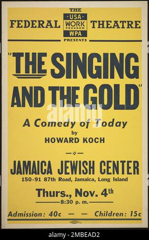 Der Gesang und das Gold, New York, 1937. Das Federal Theatre Project, das von den USA ins Leben gerufen wurde Works Progress Administration im Jahr 1935 wurde entwickelt, um die Fähigkeiten von Theaterarbeitern zu erhalten und weiterzuentwickeln, sie mit öffentlicher Unterstützung wieder zu beschäftigen und um das Theater Tausenden in den Vereinigten Staaten zu bringen, die noch nie zuvor Live-Theateraufführungen gesehen hatten. Stockfoto
