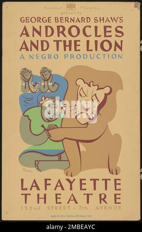 Androcles and the Lion (Duplikat), New York, 1938. Das Federal Theatre Project, das von den USA ins Leben gerufen wurde Works Progress Administration im Jahr 1935 wurde entwickelt, um die Fähigkeiten von Theaterarbeitern zu erhalten und weiterzuentwickeln, sie mit öffentlicher Unterstützung wieder zu beschäftigen und um das Theater Tausenden in den Vereinigten Staaten zu bringen, die noch nie zuvor Live-Theateraufführungen gesehen hatten. Stockfoto