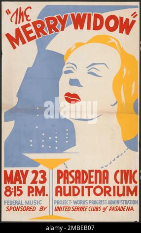 Die fröhliche Witwe, Pasadena, CA, [193-]. „The Merry Widow“...Pasadena Civic Auditorium...Federal Music Project - Works Progress Administration - gesponsert von United Service Clubs of Pasadena“. Das Federal Theatre Project, das von den USA ins Leben gerufen wurde Works Progress Administration im Jahr 1935 wurde entwickelt, um die Fähigkeiten von Theaterarbeitern zu erhalten und weiterzuentwickeln, sie mit öffentlicher Unterstützung wieder zu beschäftigen und um das Theater Tausenden in den Vereinigten Staaten zu bringen, die noch nie zuvor Live-Theateraufführungen gesehen hatten. Stockfoto