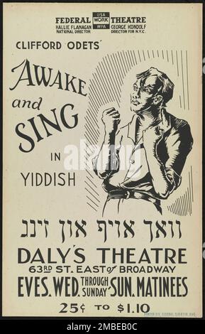 Awake and Sing, New York, 1938. Das Federal Theatre Project, das von den USA ins Leben gerufen wurde Works Progress Administration im Jahr 1935 wurde entwickelt, um die Fähigkeiten von Theaterarbeitern zu erhalten und weiterzuentwickeln, sie mit öffentlicher Unterstützung wieder zu beschäftigen und um das Theater Tausenden in den Vereinigten Staaten zu bringen, die noch nie zuvor Live-Theateraufführungen gesehen hatten. Stockfoto