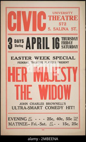 Ihre Majestät die Witwe, Syracuse, NY, 1936. Das Federal Theatre Project, das von den USA ins Leben gerufen wurde Works Progress Administration im Jahr 1935 wurde entwickelt, um die Fähigkeiten von Theaterarbeitern zu erhalten und weiterzuentwickeln, sie mit öffentlicher Unterstützung wieder zu beschäftigen und um das Theater Tausenden in den Vereinigten Staaten zu bringen, die noch nie zuvor Live-Theateraufführungen gesehen hatten. Stockfoto