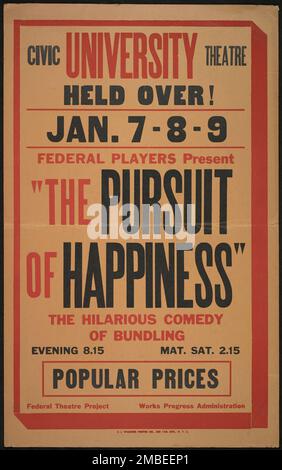 Das Streben nach Glück, Syracuse, NY, 1936. Das Federal Theatre Project, das von den USA ins Leben gerufen wurde Works Progress Administration im Jahr 1935 wurde entwickelt, um die Fähigkeiten von Theaterarbeitern zu erhalten und weiterzuentwickeln, sie mit öffentlicher Unterstützung wieder zu beschäftigen und um das Theater Tausenden in den Vereinigten Staaten zu bringen, die noch nie zuvor Live-Theateraufführungen gesehen hatten. Stockfoto