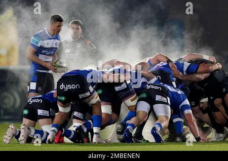 Allgemeiner Überblick über einen Scrum während des EPCR Challenge Cup-Spiels im Scotstoun Stadium, Glasgow. Foto: Freitag, 20. Januar 2023. Stockfoto