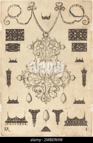 Großes Hängegehäuse mit drei Tropfen darunter, umgeben von fünfzehn verschiedenen Stollen, 1593. Stockfoto