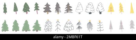 Weihnachtsbaum-Symbol. Ein großer Satz süßer Tannenbaum-Ikonen. Vektordarstellung. Von Hand gemalte Weihnachtsdekoration Stock Vektor