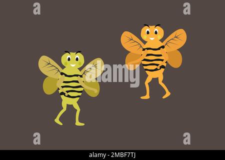 Kunstillustration, zwei lustige Bienen auf dunklem Hintergrund, ein Kinderbild mit Bienen Stock Vektor