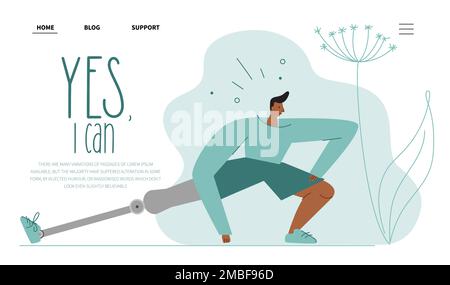 Web-Landing-Page mit Geburtsanomalie eines Sportmanns, bionischem Bein, Titanfuß, Implantat oder Prothese. Vektordarstellung mit Phrase JA, das kann ich. Stock Vektor