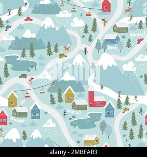 Lustige handgezeichnete Winterlandschaft mit einem farbenfrohen Dorf, Skigebiet, Bergen und Wolken - großartig für Textilien, Tapeten, Umhüllung - Vektordesign Stock Vektor