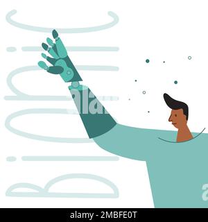 Der Mann mit Behinderung hat ein bionisches Titanimplantat oder eine Prothesenhand. Vektordarstellung mit Phrase BIONISCH. Stock Vektor