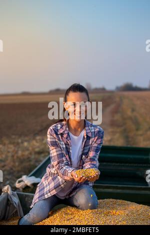 Zufriedene Landwirtin, die Maiskörner auf Palmen hält, während sie während der Ernte im Schlepperanhänger auf einem Ernteguthaufen sitzt Stockfoto