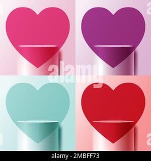 Happy valentine's Day Set mit 3D realistisch weißen Podiumständern mit pinkfarbenem, violettem, blauem und rotem herzförmigem Symbolhintergrund. Sie können für die Produktanzeige verwenden Stock Vektor