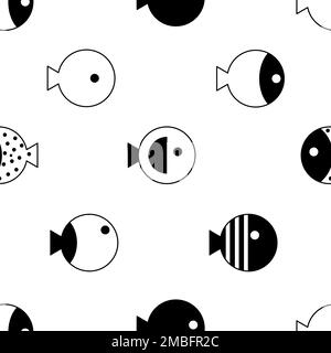 Nahtlose geometrische Muster für Textilien und Stoffe. Fischmuster, Cartoon-Hintergrund mit Meerestieren Stock Vektor