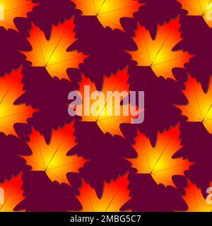 Nahtloses symmetrisches Muster aus herbstlichen Ahornblättern auf dunklem Magenta-Hintergrund, Textur, Design Stockfoto