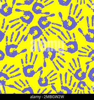 Nahtloses Muster blauer Handabdrücke auf gelbem Hintergrund, Struktur, Design Stockfoto