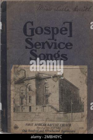 Gospel Service Songs, 1938. 'Erste afrikanische Baptistenkirche, Franklin-Platz, einhundertfünfzig-Sekunden-Jubiläum - 1788-1940'. Kirche in Savannah, Georgia, die angeblich von der ersten schwarzen Baptisten-Gemeinde in Nordamerika abgeleitet wurde. Stockfoto