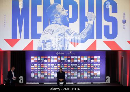 Madrid, Spanien. 20. Januar 2023. Offizielle Präsentation von Memphis Depay als neuer Atletico de Madrid Spieler im Cívitas Metropolitano Stadion. Madrid, 20. Januar 2023 Presentacion oficial de Memphis Depay como nuevo jugador del Atletico de Madrid en el Estadio Cívitas Metropolitano. Madrid 20 de Enero de 2023 POOL/Atletico de Madrid/Cordon Press Credit: CORDON PRESS/Alamy Live News Stockfoto