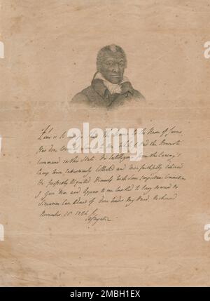 James Armistead Lafayette - das Originalzertifikat des Marquis de Lafayette, mit dem James Armistead Lafayette für seinen Revolutionskrieg gelobt wurde, mit einem Porträt nach John B. Martin, 1784-11-21. Lafayette war ein versklavierter Afroamerikaner, der während des Amerikanischen Unabhängigkeitskriegs unter dem Marquis der Kontinentalarmee diente und später eine gesetzgeberische Emanzipation erhielt. Als Doppelagent berichtete er über die Aktivitäten von Benedict Arnold, nachdem er zu den Briten übergelaufen war, und von Lord Cornwallis im Vorfeld der Schlacht von Yorktown. Er hat die Briten mit falschen Informationen gefüttert Stockfoto