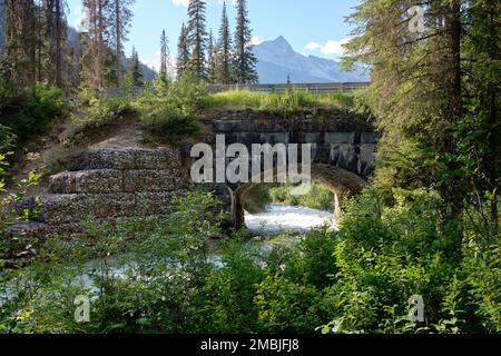 Alte Steinbrücke, die ursprünglich für Zugbögen über dem rauschenden Wasser des Illecillewaet River im Glacier-Nationalpark, BC, errichtet wurde Stockfoto