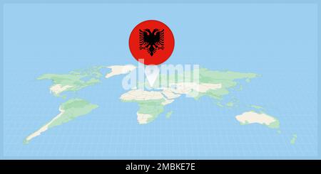 Lage Albaniens auf der Weltkarte, gekennzeichnet mit albanischer Flaggennadel. Kartografische Vektordarstellung. Stock Vektor
