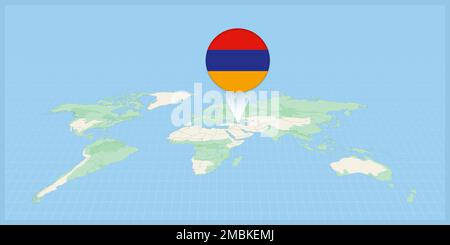 Lage Armeniens auf der Weltkarte, gekennzeichnet mit armenischer Flaggennadel. Kartografische Vektordarstellung. Stock Vektor