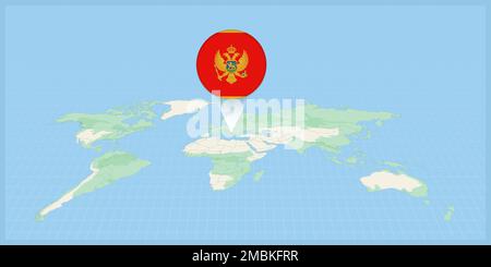 Lage Montenegros auf der Weltkarte, gekennzeichnet mit Montenegro Flaggenanhänger. Kartografische Vektordarstellung. Stock Vektor