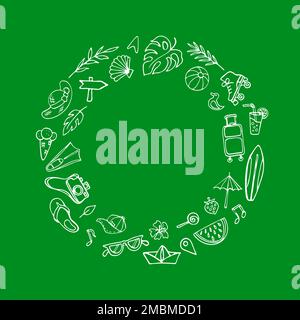 Sommersymbole kritzeln die Klipart. Grüne Kranzkomposition Stock Vektor