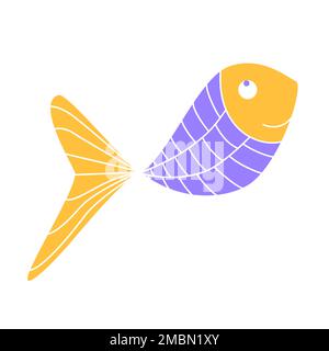 Mit Fischmustern gemusterte bunte Figur. Abstrakte, handgezeichnete marineblaue Silhouette. Bunte Fantasie naive Kindernuss skandinavisches Maskottchen. Vektordarstellung. Stock Vektor