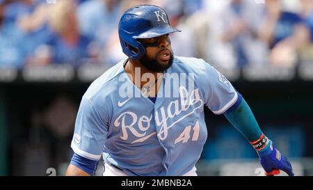 Kansas City Royals' Carlos Santana celebrates hitting an RBI double during  the fifth inning of a baseball game against the Texas Rangers, Friday, June  25, 2021, in Arlington, Texas. (AP Photo/Brandon Wade