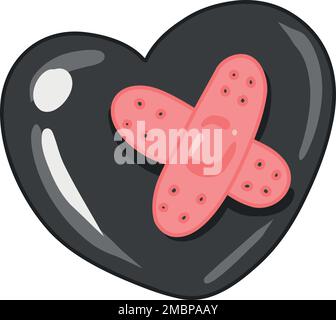 Ein schwarzes Herz mit Pflaster, gruseliger Valentinstagsklipart, gruseliger Valentinstagsklicker, Pastel Goth Digitalaufkleber, alternativer Valentinstagsvektor Stock Vektor