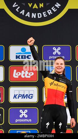 First place Belgium's Lotte Kopecky of the SD Worx team, center