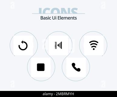 Grundlegende Ui-Elemente Glyph Icon Pack 5 Icon Design. Wartung. Starten. neu laden. Medien. Wir fangen an Stock Vektor