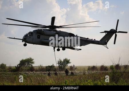 USA Marines mit 2. Air Naval Gunfire Liaison Company, II Marine Expeditionary Force Information Group und Soldaten mit 10. Air Support Operations Squadron, Fast-Seil aus einem US Marine Corps CH-53E zugewiesen zu Marine Heavy Helicopter Squadron 772 (HMH-772), 4. Marine Aircraft Wing, Marine Forces Reserve, während Übung Gunslinger 22 in Fort Riley, Kansas, 21. Juni 2022. Übung Gunslinger 22 ist eine gemeinsame Übung mit der Kansas Air National Guard und den USA Marinekorps, entwickelt, um Flugzeugkontrolle und Ausbildung für potenzielle reale Notfälle zu verbessern. Stockfoto