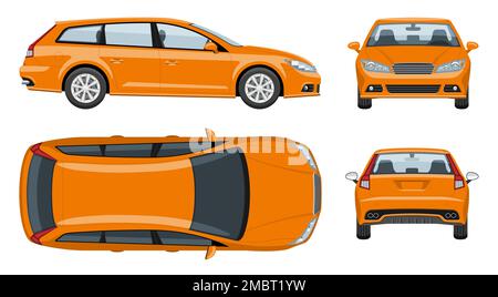 Orangefarbene Vektorvorlage für Kombi mit einfachen Farben ohne Verläufe und Effekte. Ansicht von der Seite, von der Vorderseite, von der Rückseite und von oben Stock Vektor