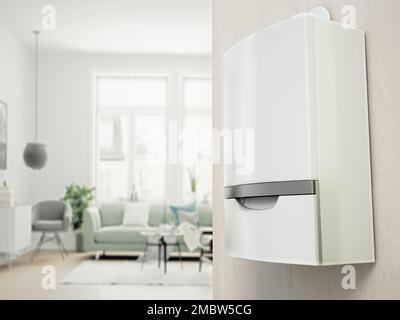 Kombi-Boiler an der Wand mit modernem Wohnzimmerblick auf der linken Seite. 3D Abbildung. Stockfoto