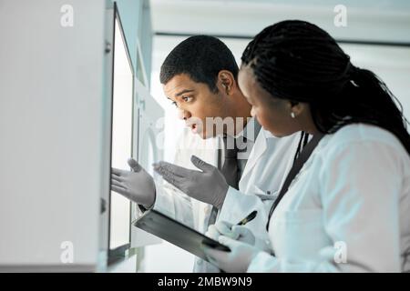 All ihre Daten zusammentragen. Zwei Wissenschaftler arbeiten zusammen in einem Labor. Stockfoto
