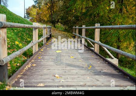 Holzbrücke für Fußgänger neben einer Straße im Grünen im Herbst, Herbst Naturlandschaft Stockfoto