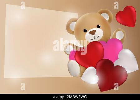 Teddybär mit bunten Herzen und ein Stück Papier mit Kopierraum. Valentinstagskonzept. Universeller Urlaubshintergrund. Vektorbild. Stock Vektor